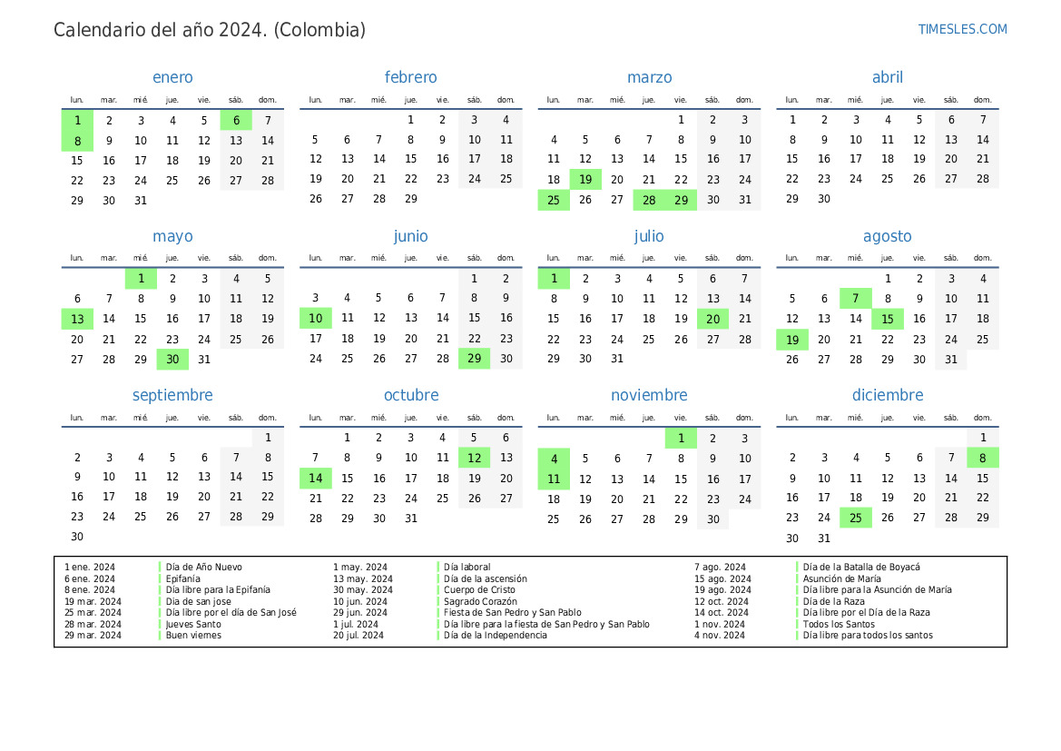 Calendario 2024 con días festivos en Colombia Imprimir y descargar