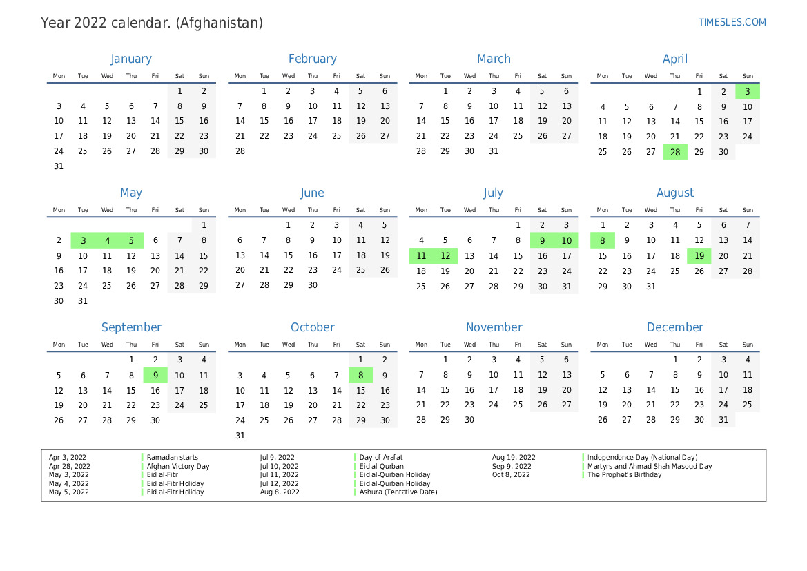 Calendar for 2022 with holidays in Afghanistan | Print and download ...