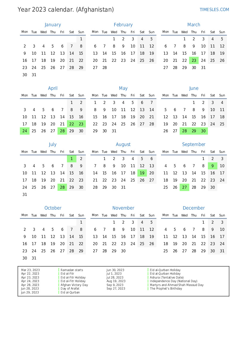 Calendar for 2023 with holidays in Afghanistan Print and download