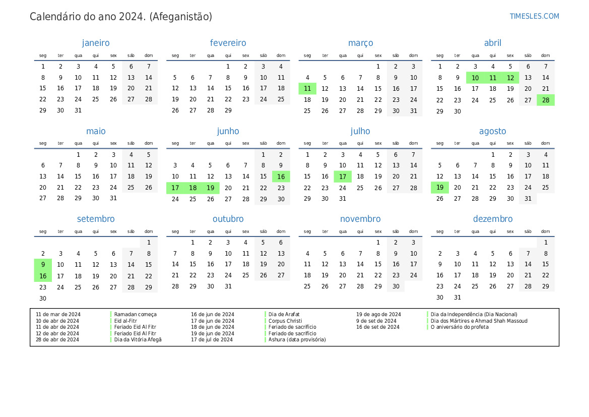 Calendário 2024 com feriados no Afeganistão Imprimir e baixar calendário