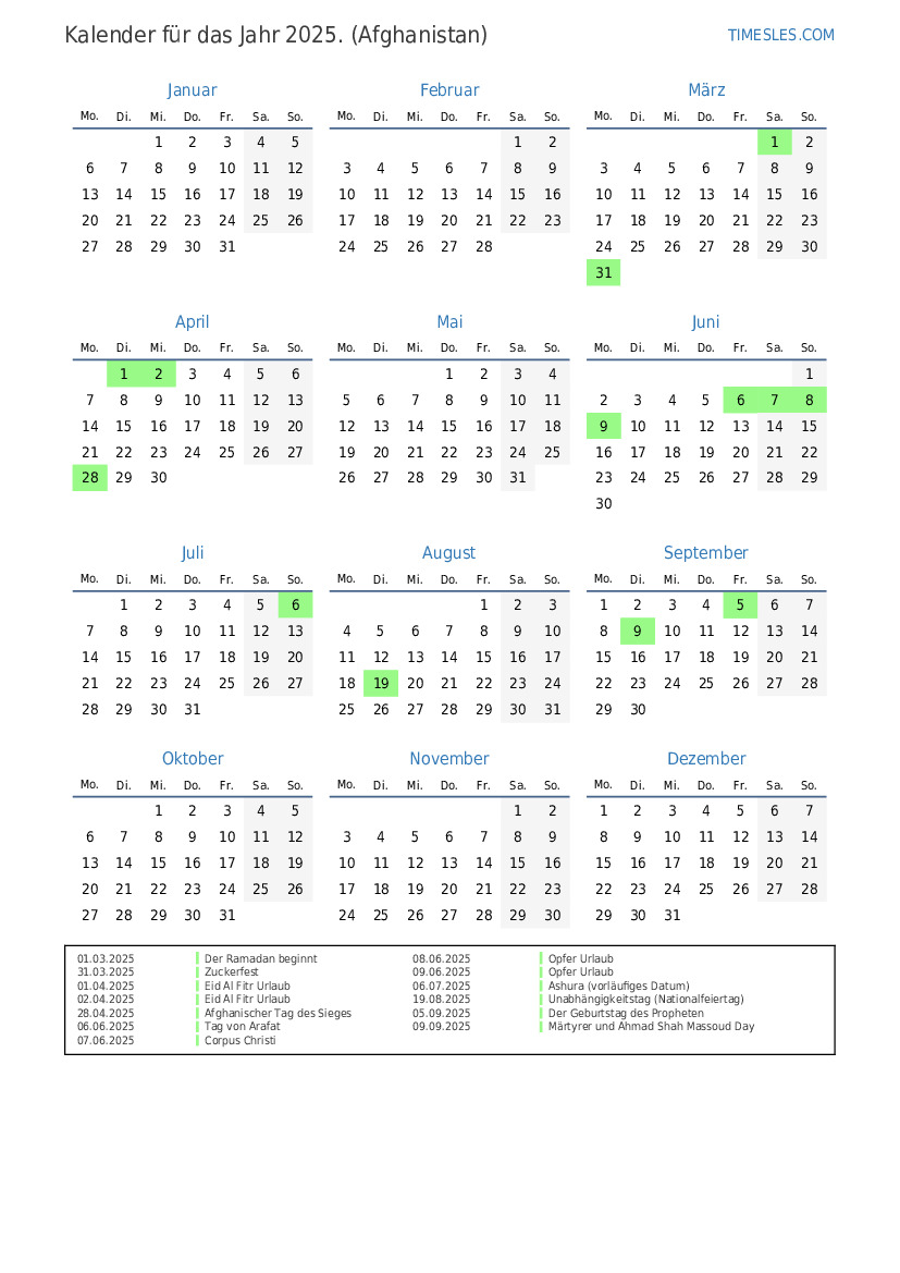 Kalender für 2025 mit Feiertagen in Afghanistan  Kalender drucken und herunterladen