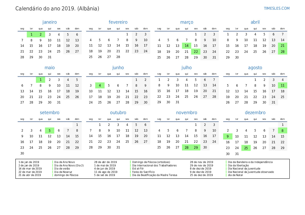 Calendário 2019 com feriados em albany Imprimir e baixar calendário