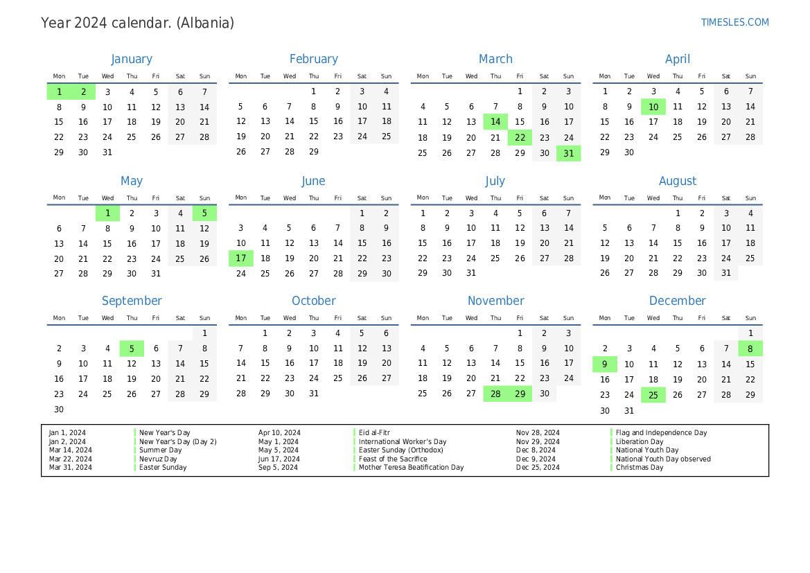 Calendar for 2024 with holidays in Albania Print and download calendar