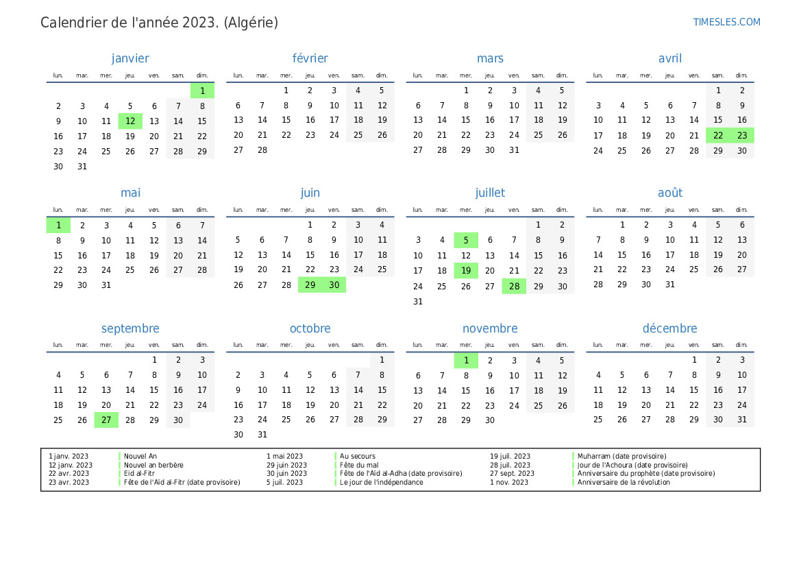 Calendrier 2023 avec jours fériés en Algérie | Imprimer et télécharger