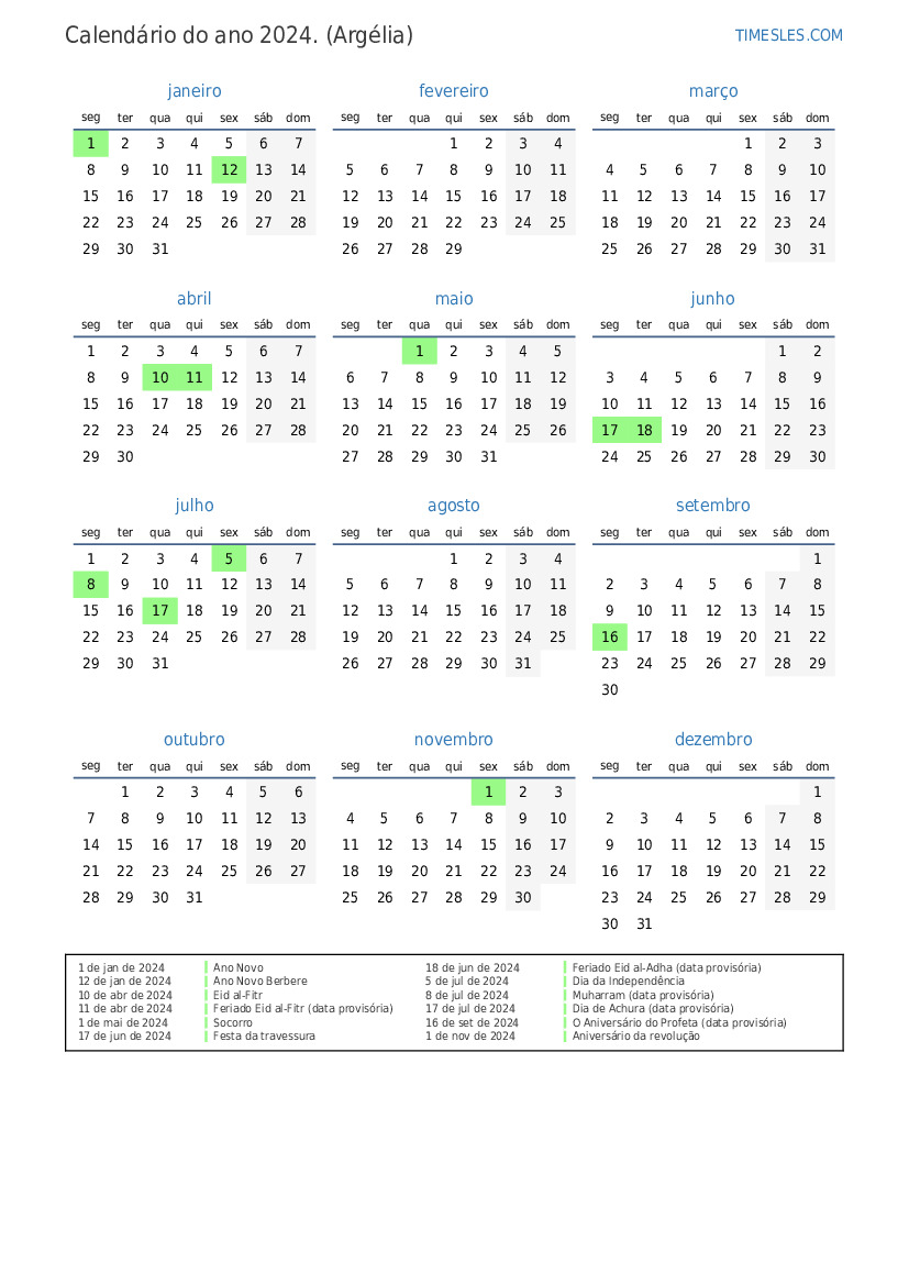 Calendário 2024 com feriados na Algeria Imprimir e baixar calendário