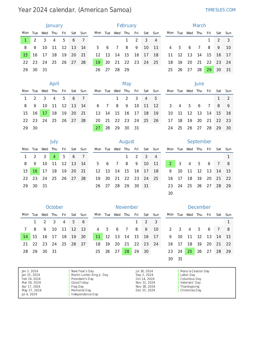 Calendar for 2024 with holidays in American Samoa Print and download
