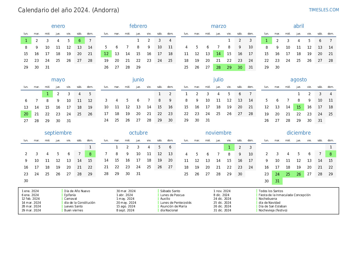 Calendario 2024 con días festivos en Andorra Imprimir y descargar