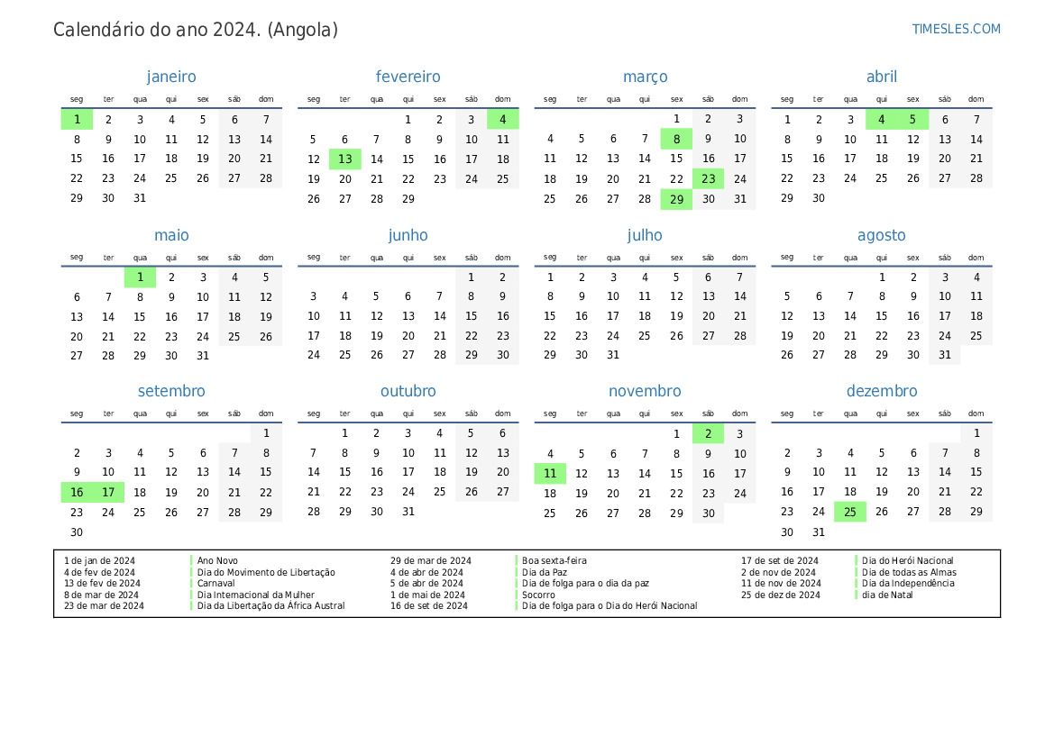 Calendário 2024 com feriados em angola Imprimir e baixar calendário