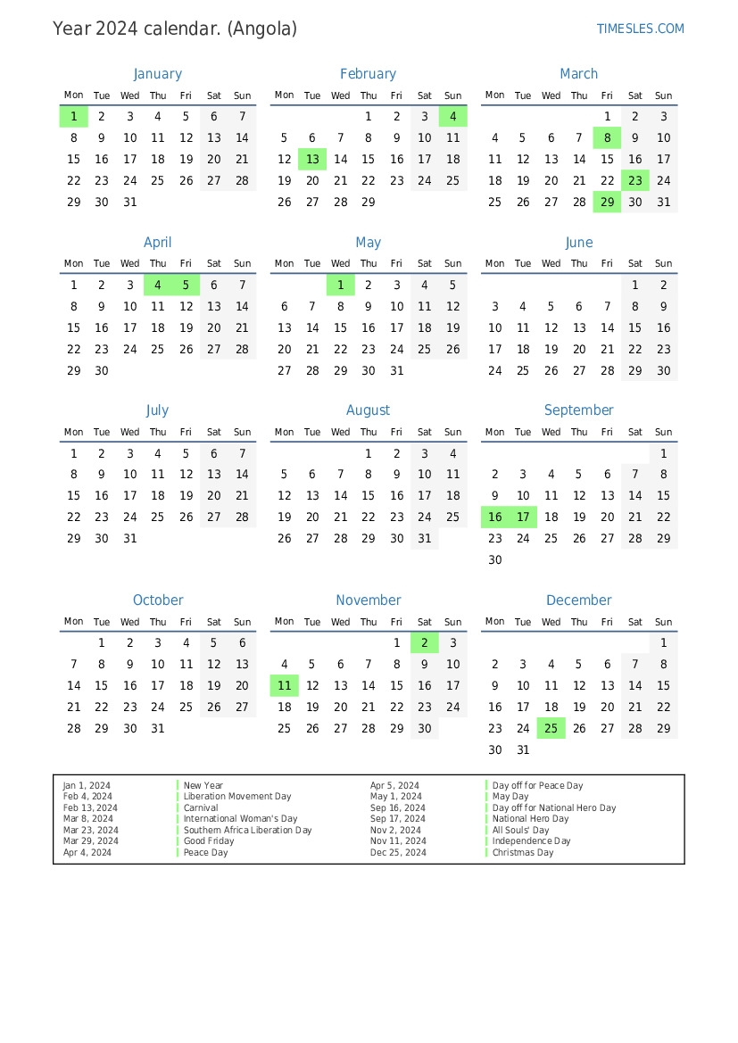 Calendar for 2024 with holidays in Angola | Print and download calendar