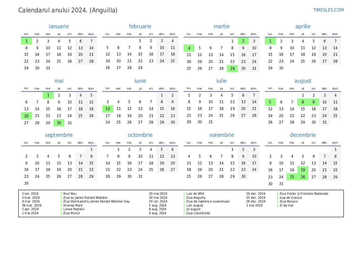 Calendar pentru anul 2024 cu sărbători în Anguilla | Imprimați și