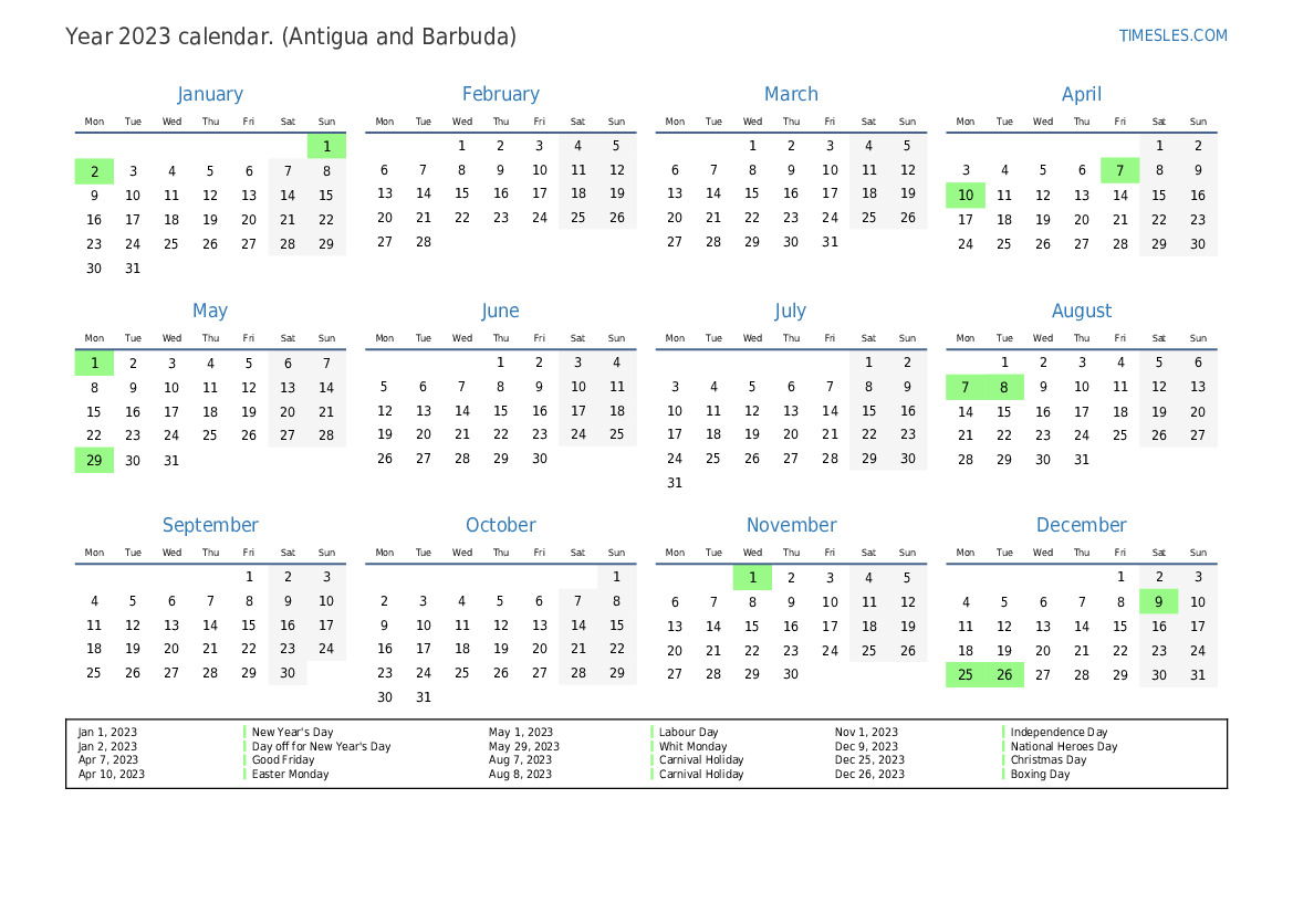 Calendar for 2023 with holidays in Antigua and Barbuda Print and