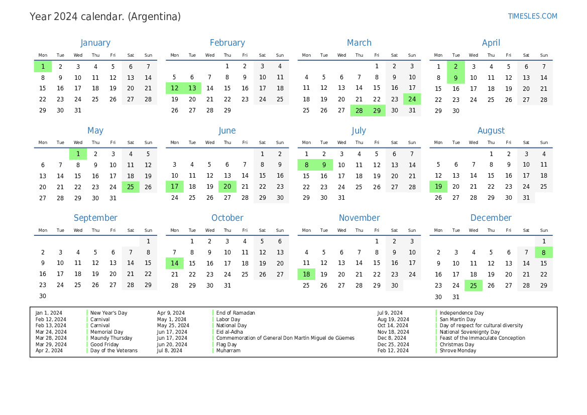 Calendar for 2024 with holidays in Argentina Print and download calendar
