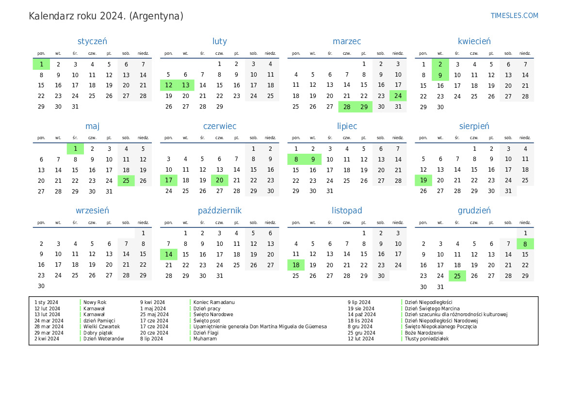 Kalendarz na 2024 rok z wakacjami w Argentynie Wydrukuj i pobierz