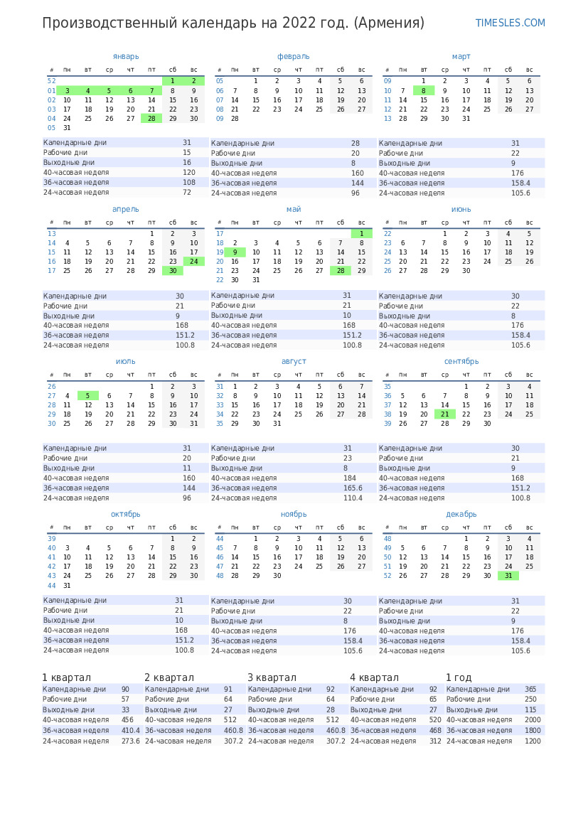 Производственный календарь на ноябрь 2022 года с праздниками в Армении