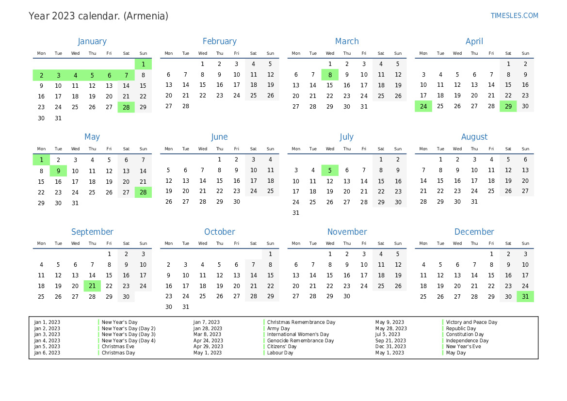 Calendar for 2023 with holidays in Armenia Print and download calendar
