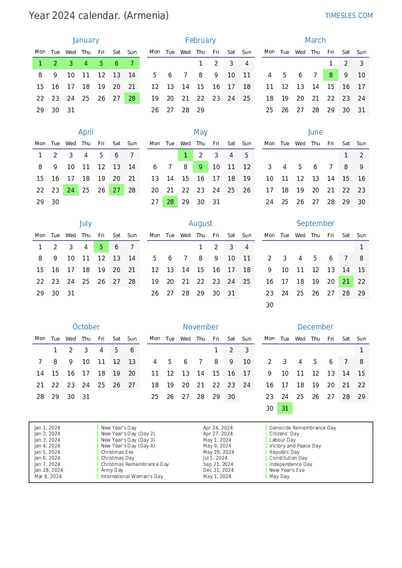 Calendar for 2024 with holidays in Armenia Print and download calendar