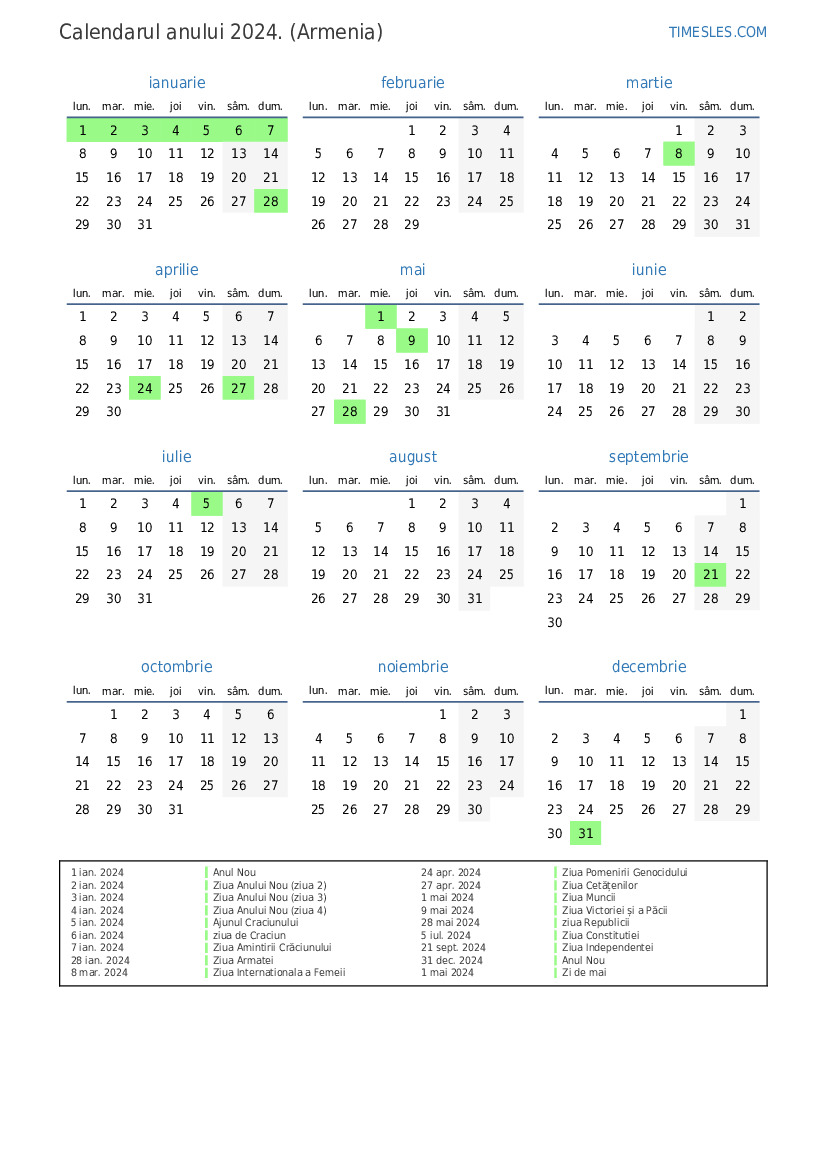 Calendar pentru anul 2024 cu sărbători în Armenia Imprimați și