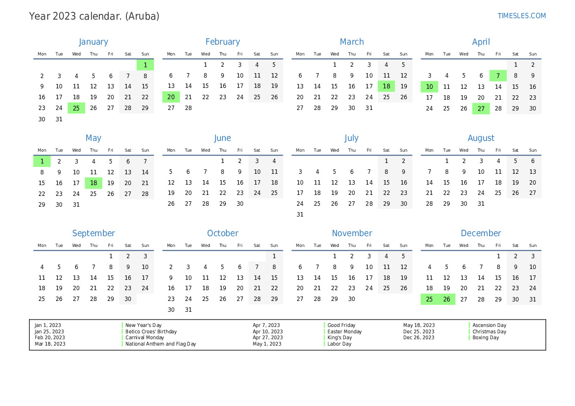 Calendar for 2023 with holidays in Aruba Print and download calendar