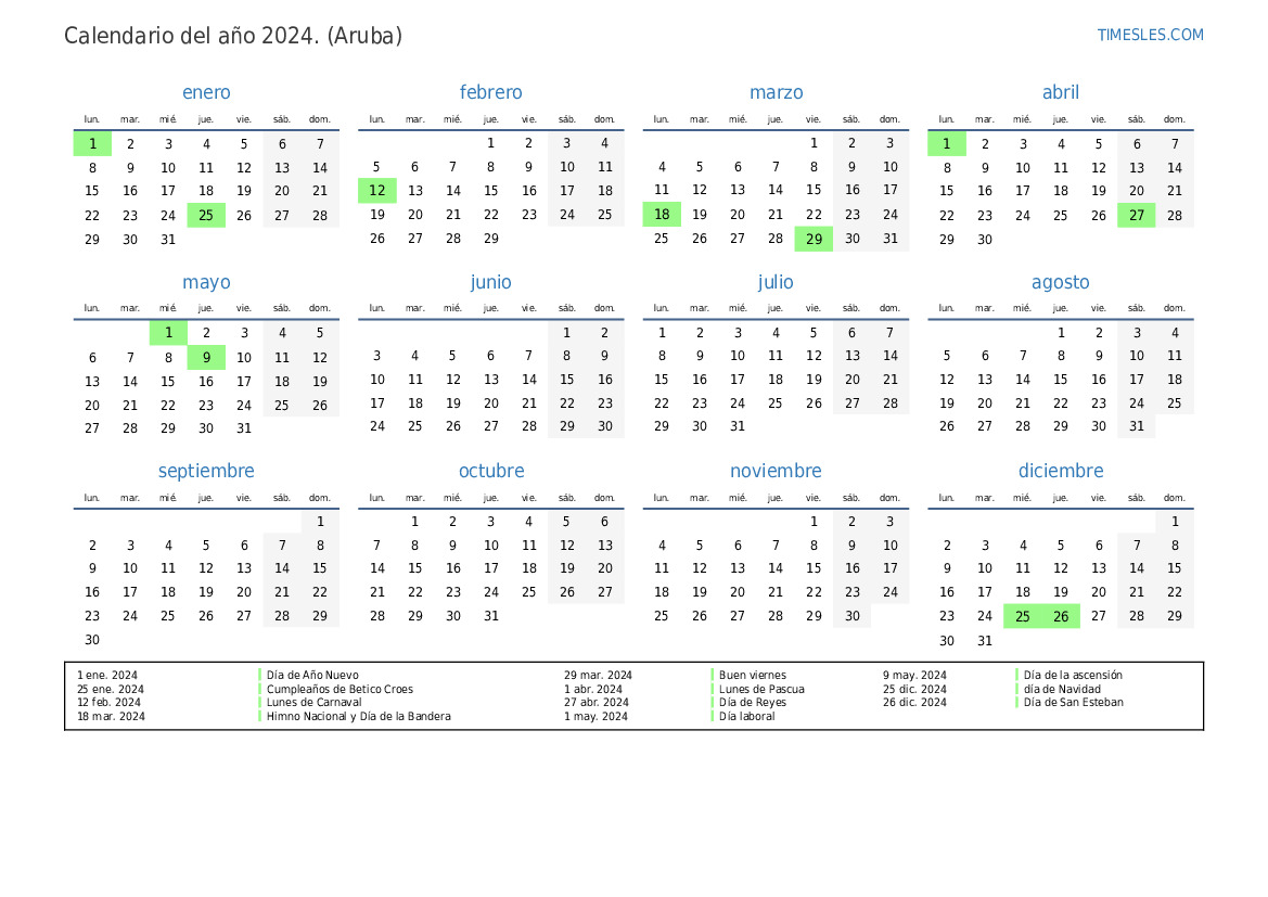 Calendario 2024 con días festivos en Aruba Imprimir y descargar