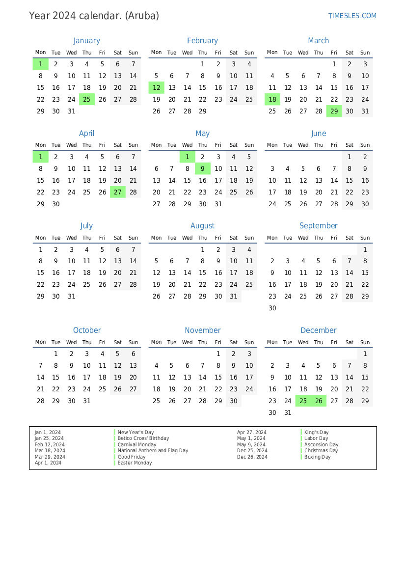 Calendar for 2024 with holidays in Aruba Print and download calendar