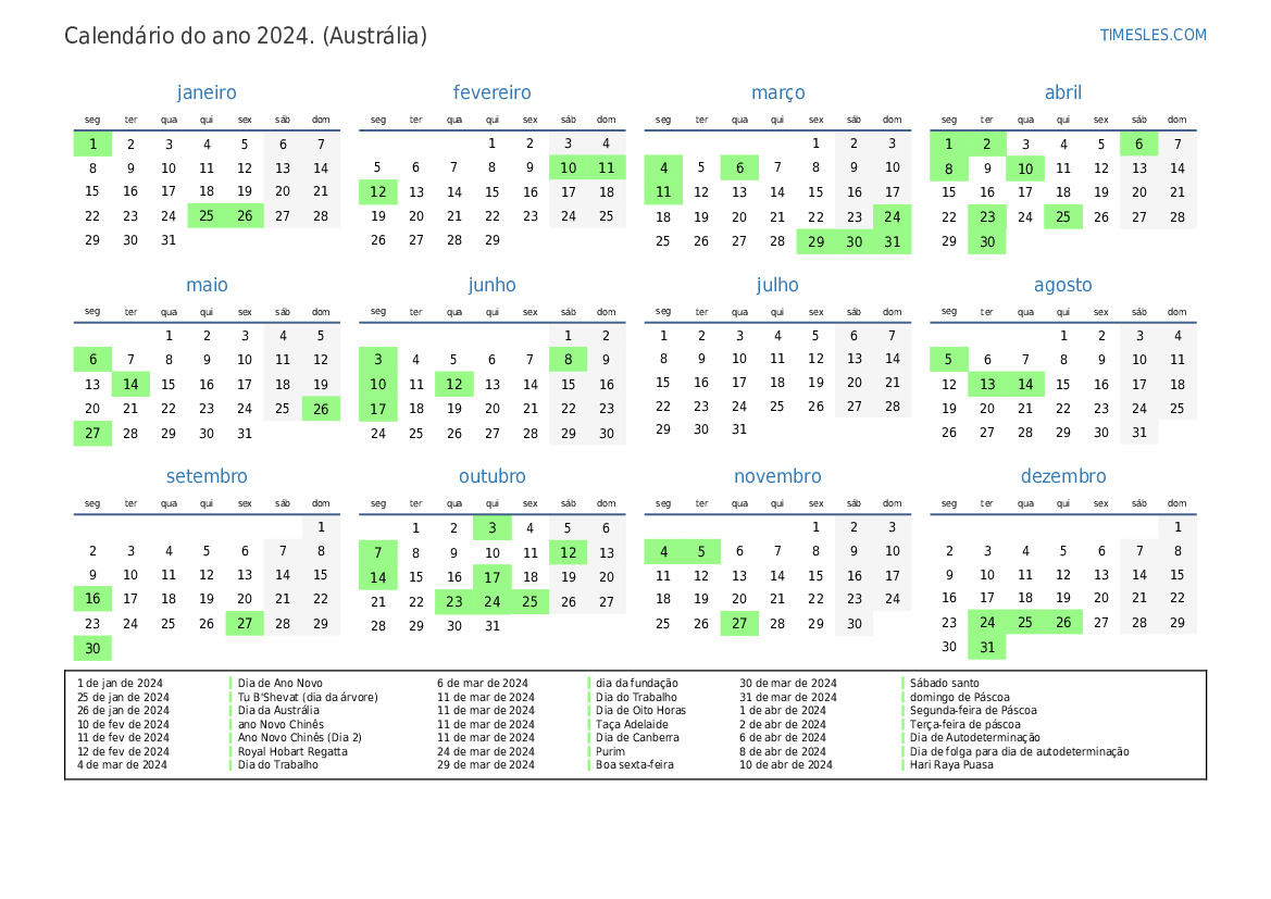 Calendário 2024 com feriados na Austrália Imprimir e baixar calendário