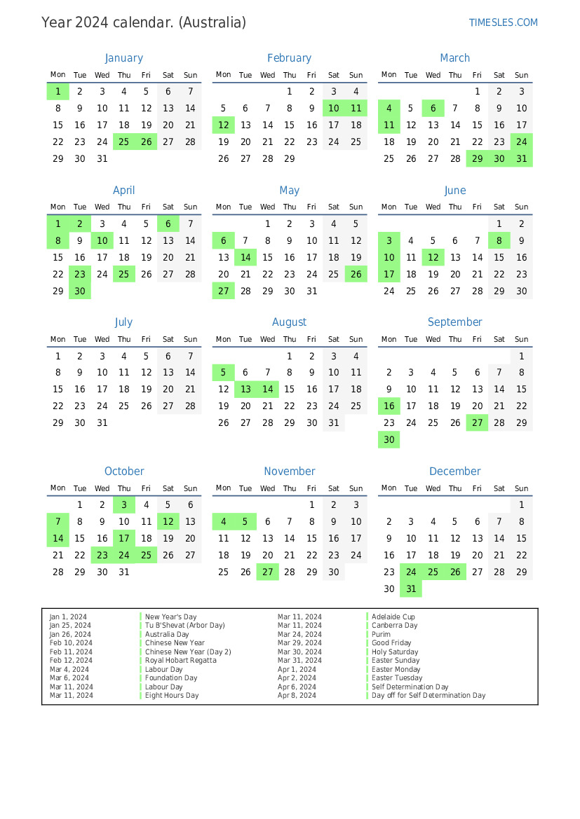 Calendar for 2024 with holidays in Australia | Print and download calendar