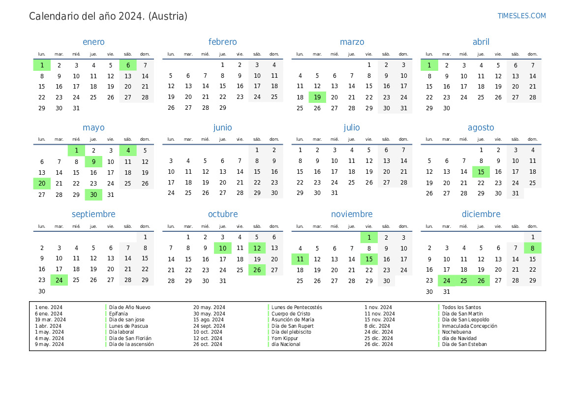 Calendario 2024 con días festivos en Austria Imprimir y descargar