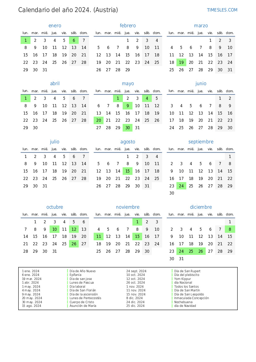 Calendario 2024 con días festivos en Austria Imprimir y descargar