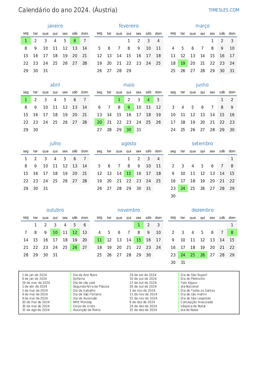 Calendário 2024 com feriados na Austria Imprimir e baixar calendário