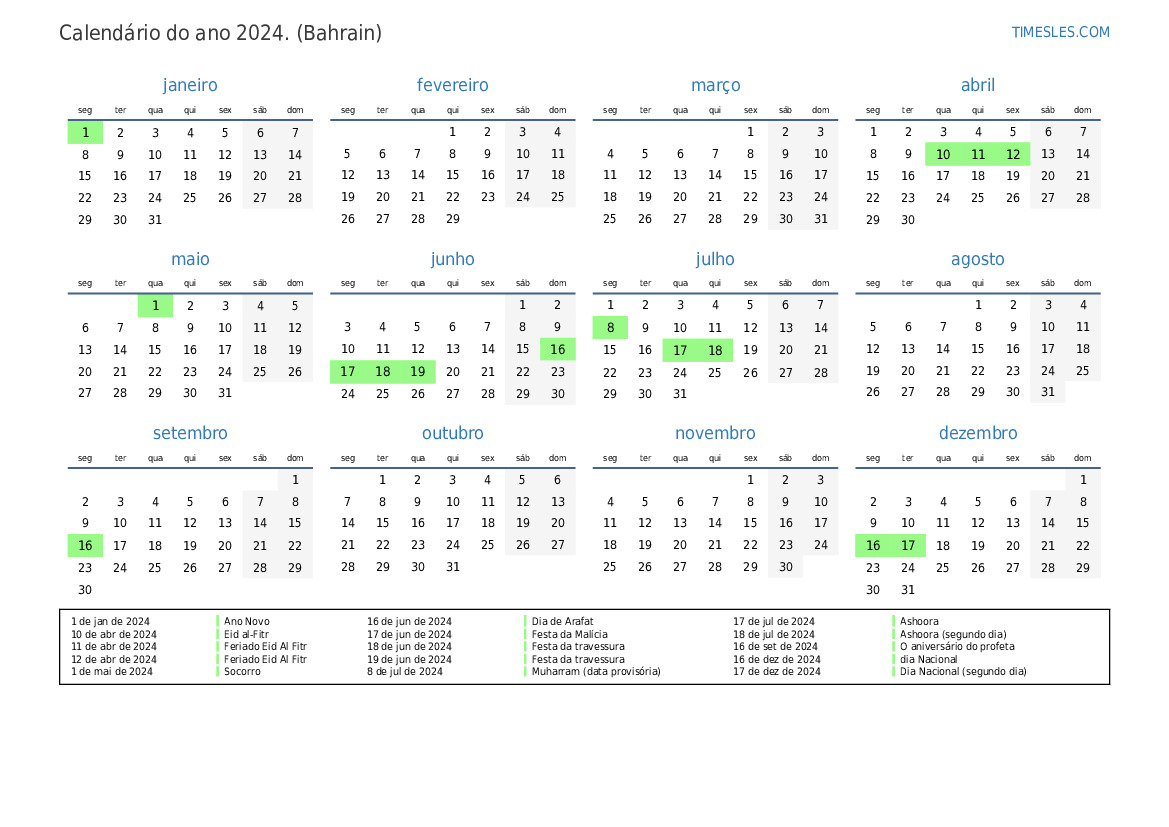 Calendário 2024 com feriados no Bahrein Imprimir e baixar calendário