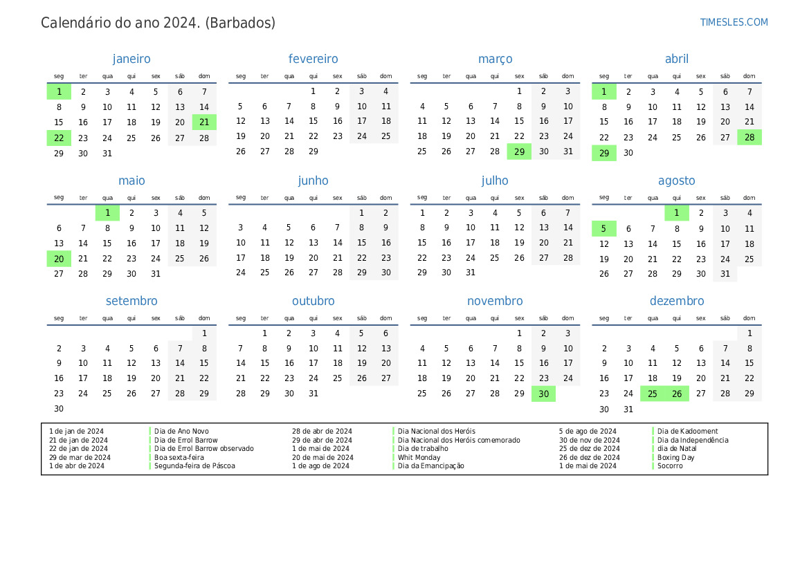 Calendário 2024 com feriados em Barbados Imprimir e baixar calendário