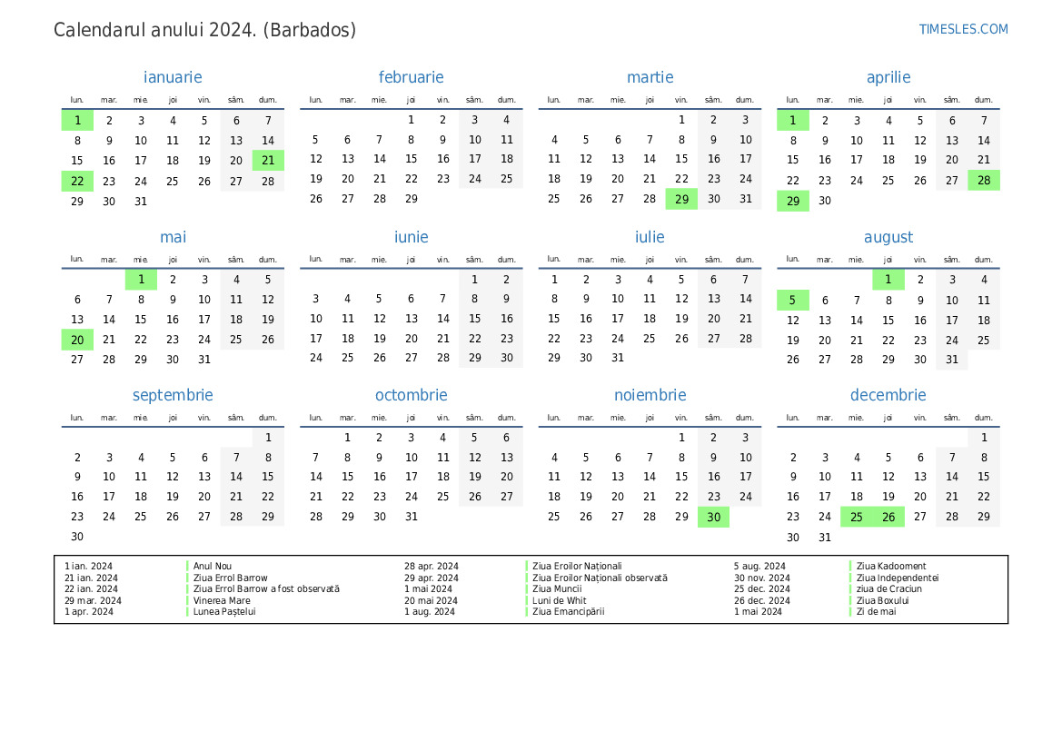 Calendar pentru anul 2024 cu sărbători în Barbados Imprimați și