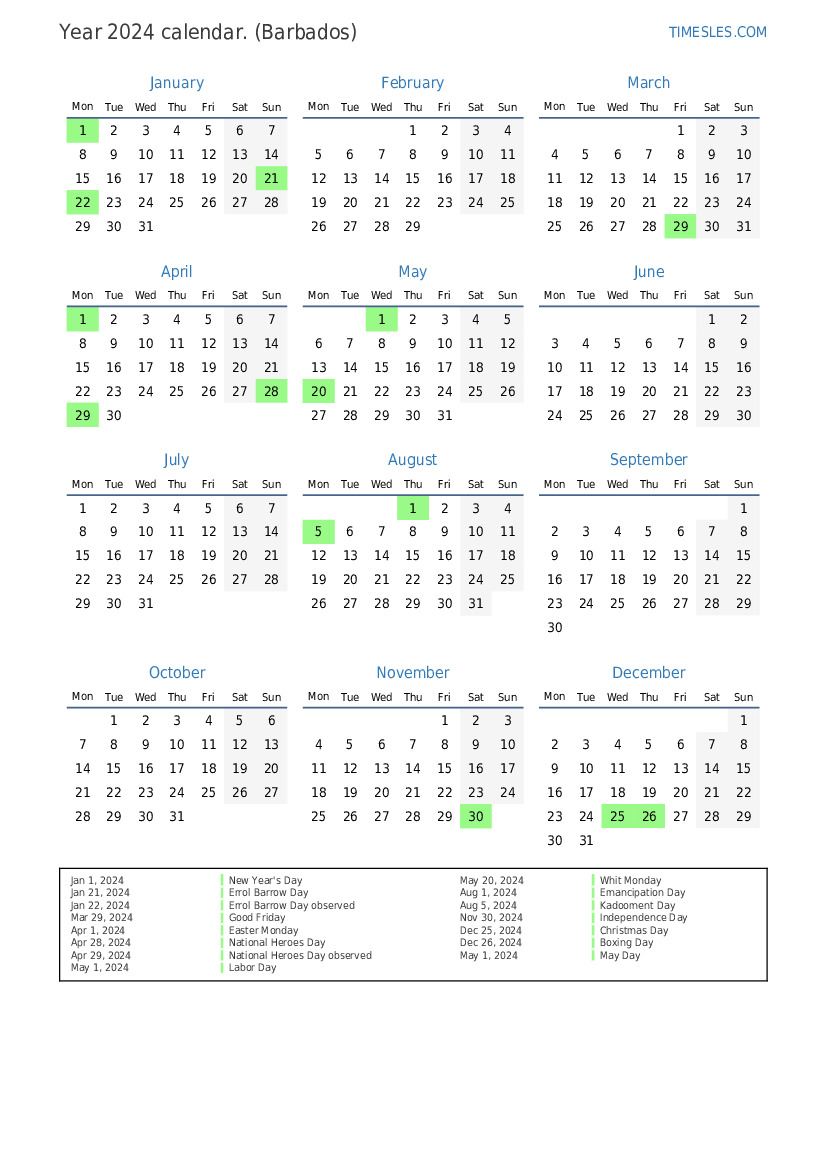 Calendar for 2024 with holidays in Barbados Print and download calendar