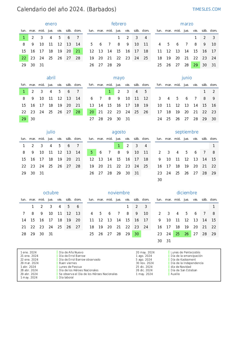 Calendario 2024 con días festivos en Barbados Imprimir y descargar