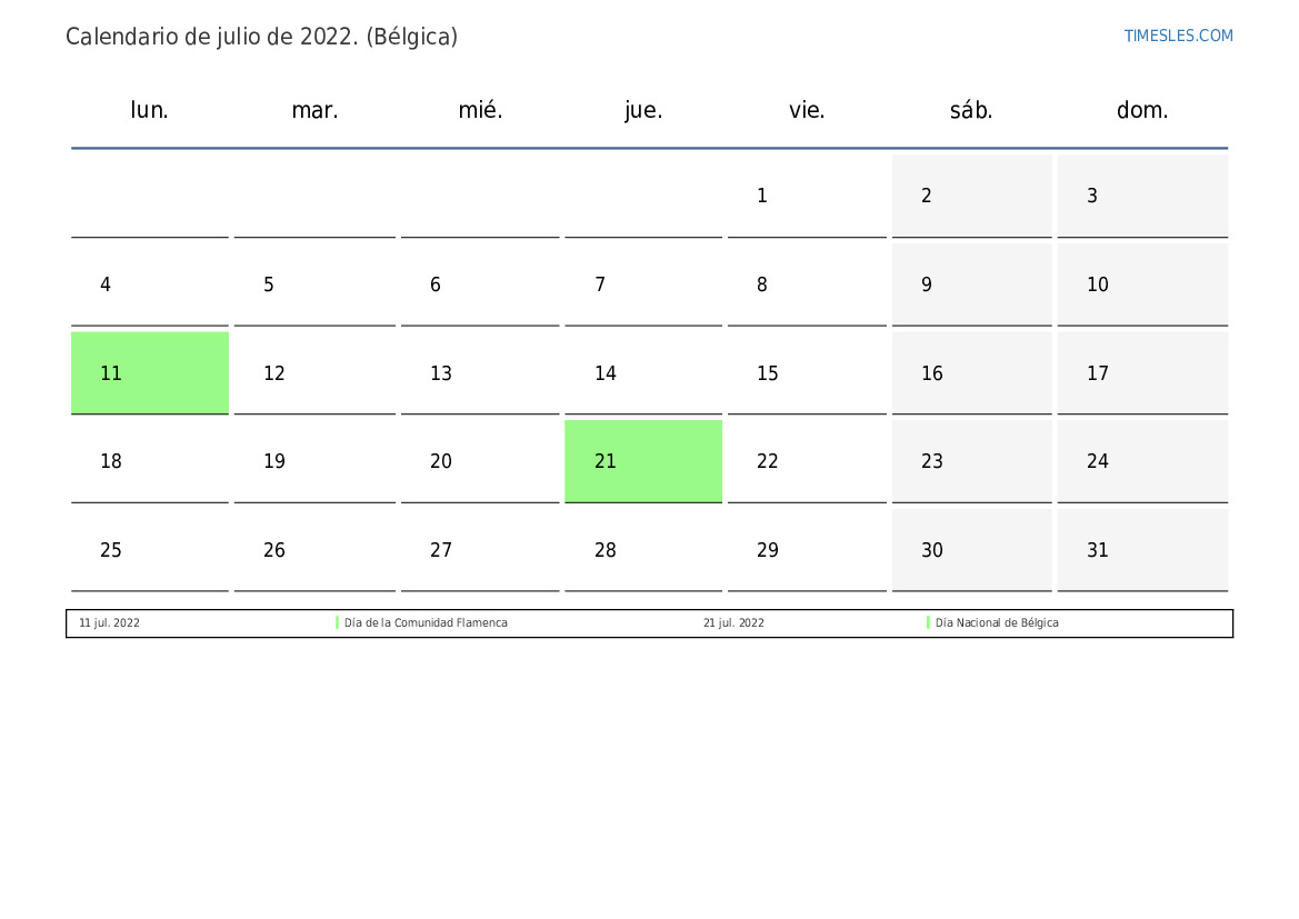 Calendario julio 2022 con feriados en Belgica Imprimir y descargar