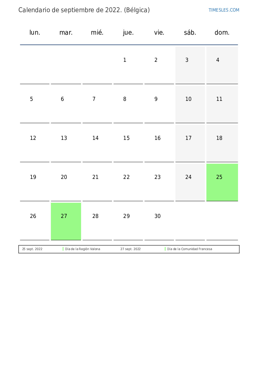 Calendario septiembre 2022 con feriados en Belgica Imprimir y