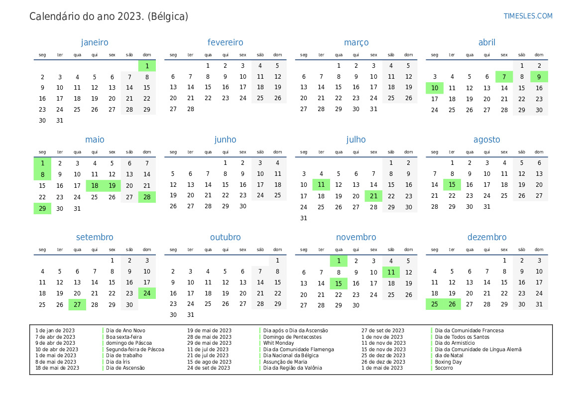Calendário 2023 com feriados na Bélgica Imprimir e baixar calendário