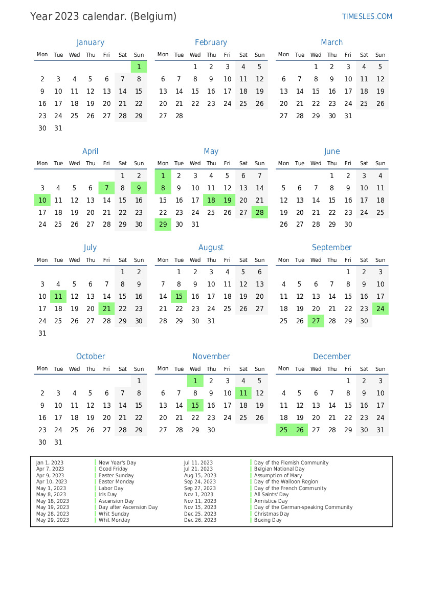 Calendar for 2023 with holidays in Belgium | Print and download calendar