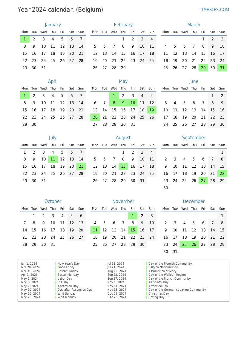 Calendar for 2024 with holidays in Belgium Print and download calendar