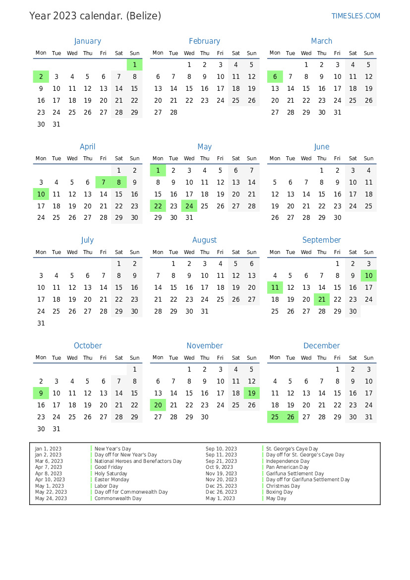 Calendar for 2023 with holidays in Belize Print and download calendar