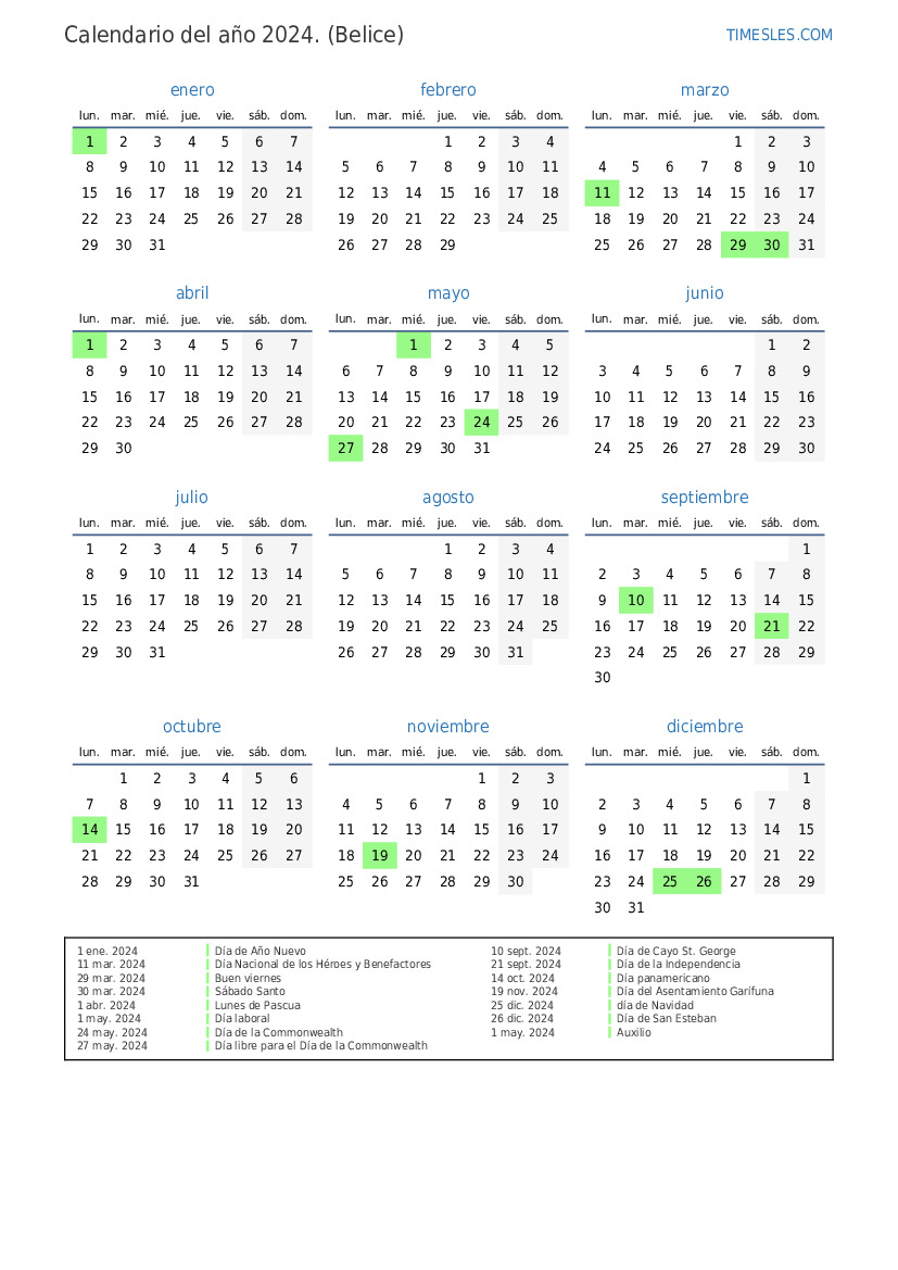 Calendario 2024 con días festivos en Belice Imprimir y descargar