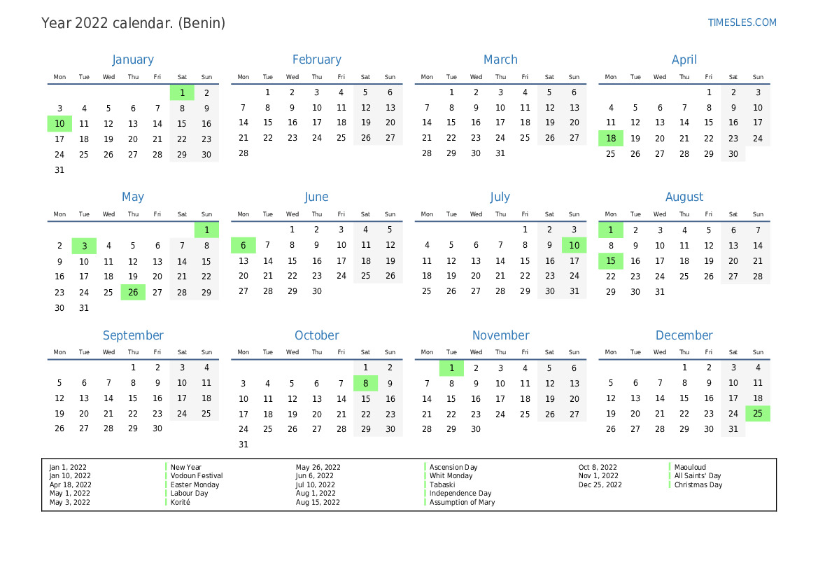 Calendar for 2022 with holidays in Benin | Print and download calendar