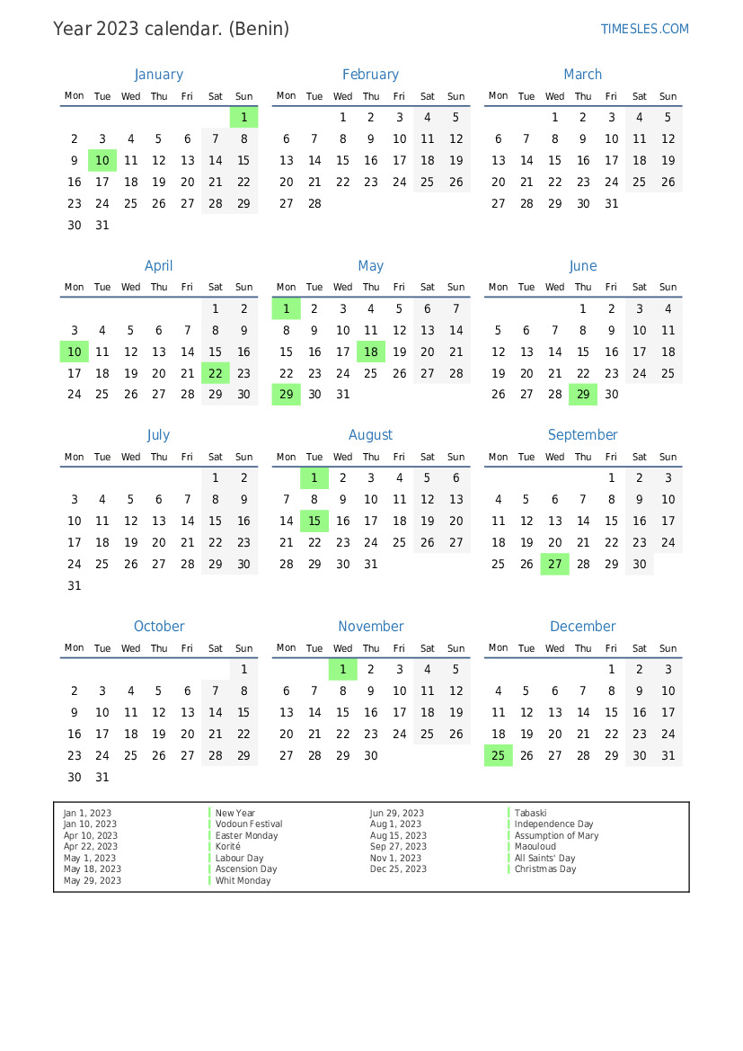 Calendar For 2023 With Holidays In Benin | Print And Download Calendar