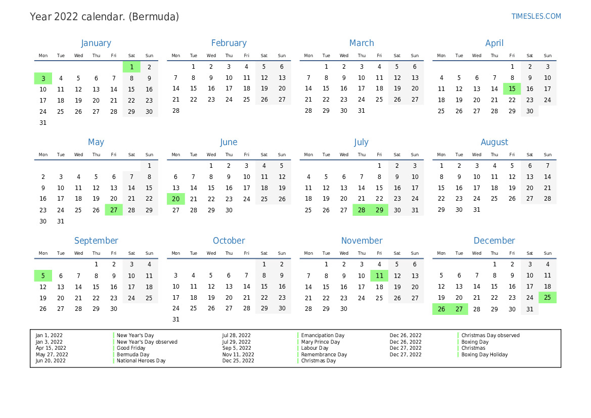 Calendar for 2022 with holidays in Bermuda Print and download calendar