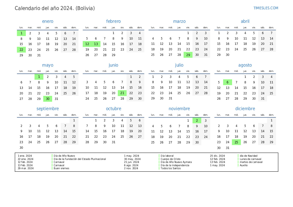 Calendario 2024 con días festivos en bolivia Imprimir y descargar