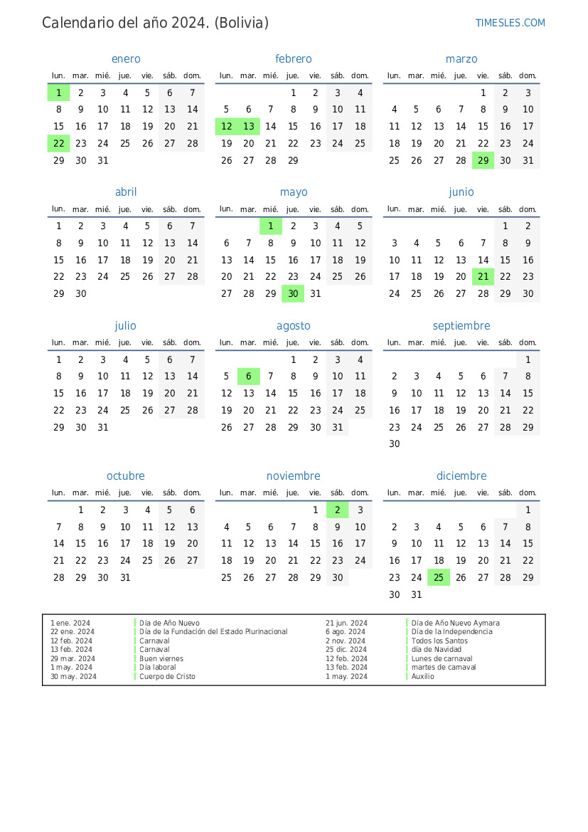 Calendario 2024 con días festivos en bolivia Imprimir y descargar