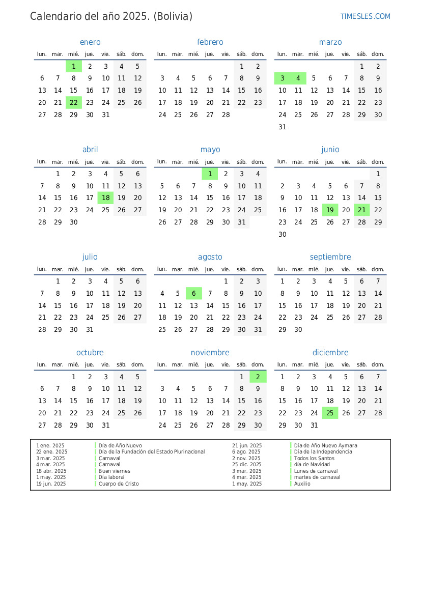 Calendario 2025 con días festivos en bolivia Imprimir y descargar