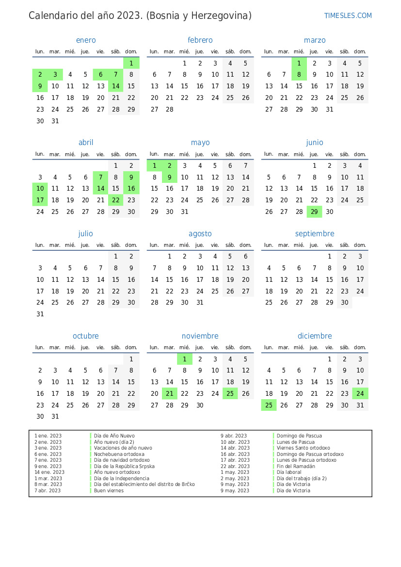 Calendario 2023 con días festivos en Bosnia y Herzegovina Imprimir y