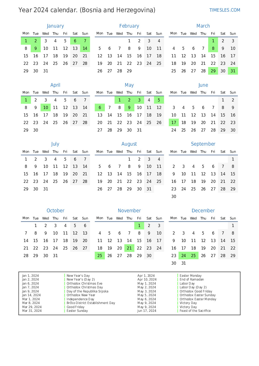Calendar for 2024 with holidays in Bosnia and Herzegovina Print and