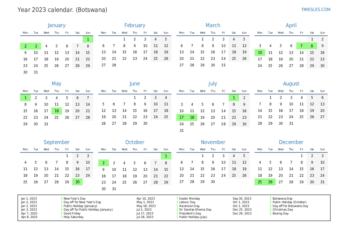 Calendar for 2023 with holidays in Botswana Print and download calendar